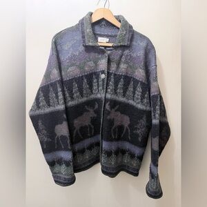 Vintage Alps Wool Cardigan Sweater Purple Moose Cabin Woods FairIsle Cottage XXL